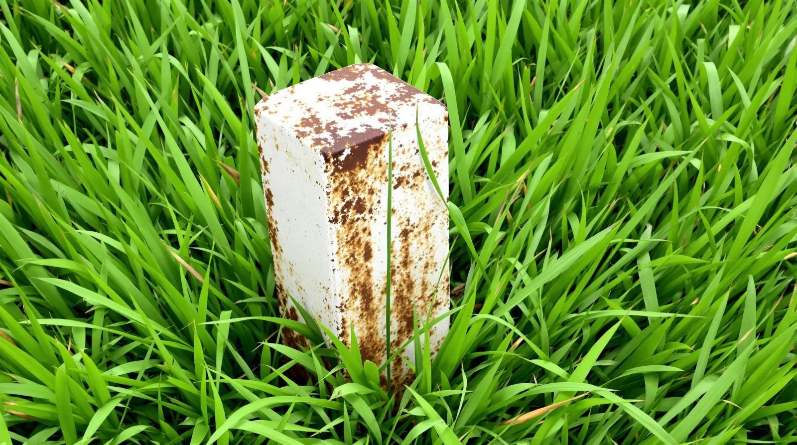Borne de délimitation en béton blanc tachée de rouille, plantée dans une herbe haute