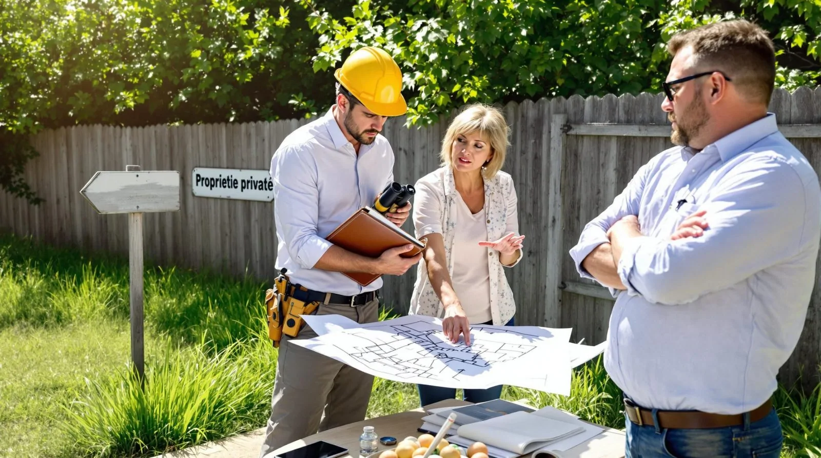 Géomètre casqué montrant un plan de parcelle à deux propriétaires, devant une clôture en bois et un panneau propriété privée