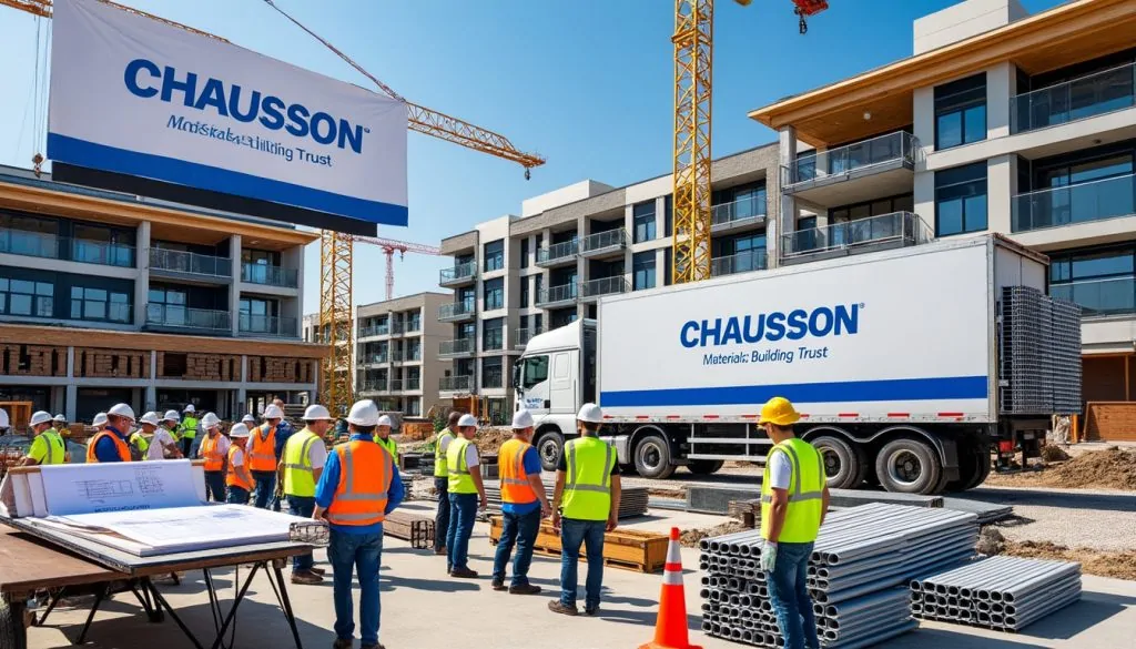 Ouvriers en gilet fluo sur un chantier d'immeubles, devant une bannière et un camion de livraison au logo Chausson