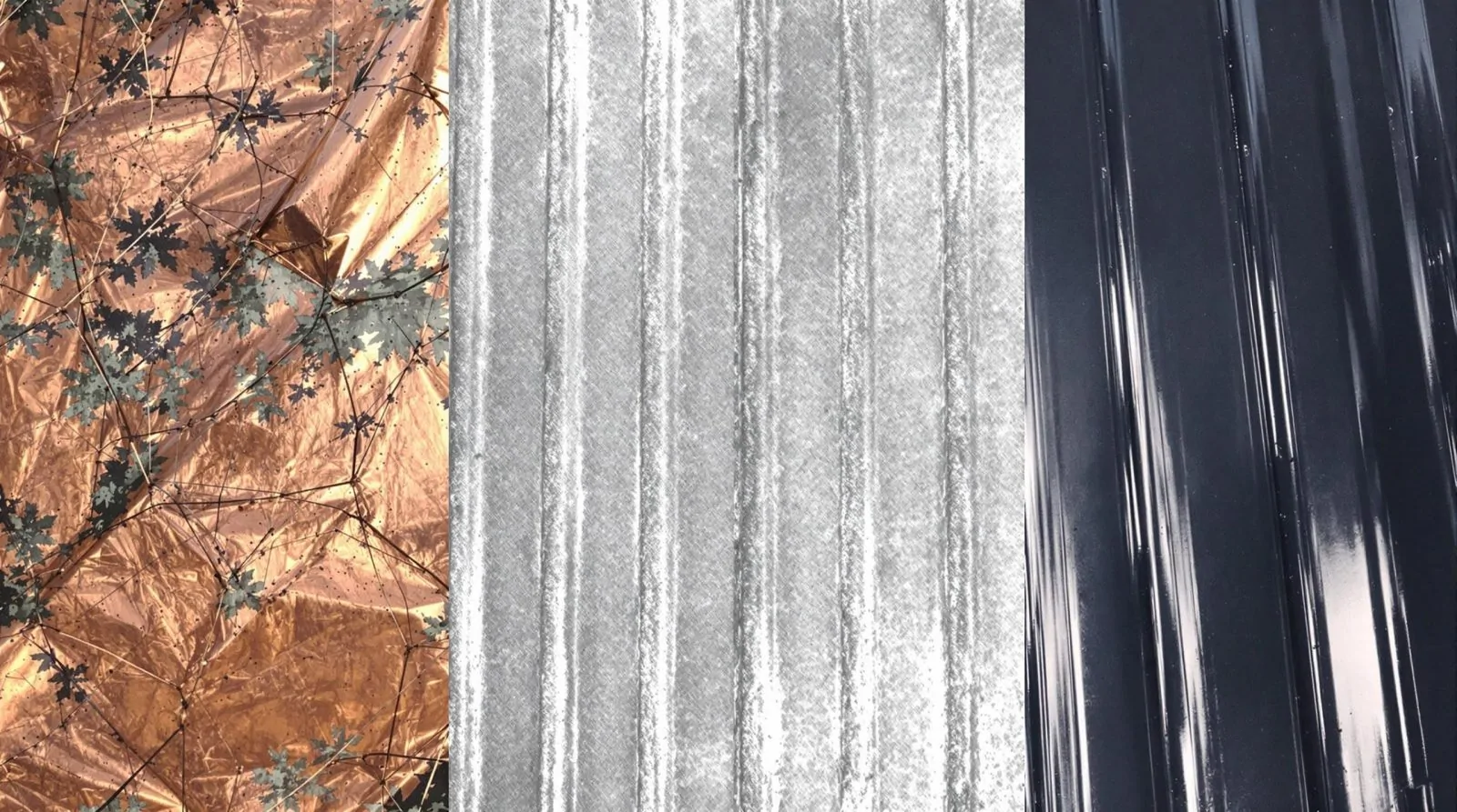 Échantillons juxtaposés de cuivre froissé, de tôle grise façon zinc et de profilé noir brillant, matériaux de chéneau