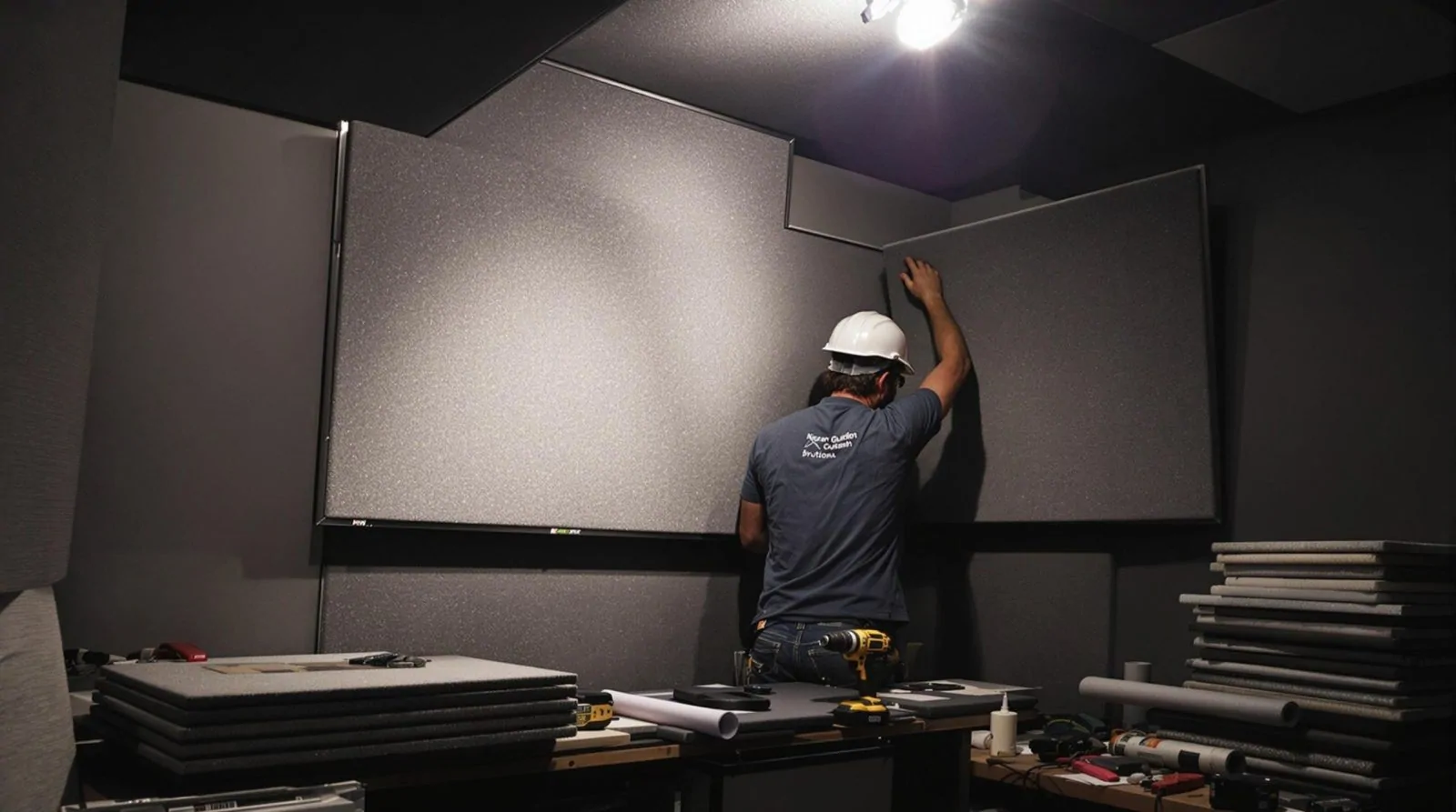 Ouvrier casqué fixant de grands panneaux acoustiques gris au mur d'une pièce sombre, plaques et perceuse sur l'établi