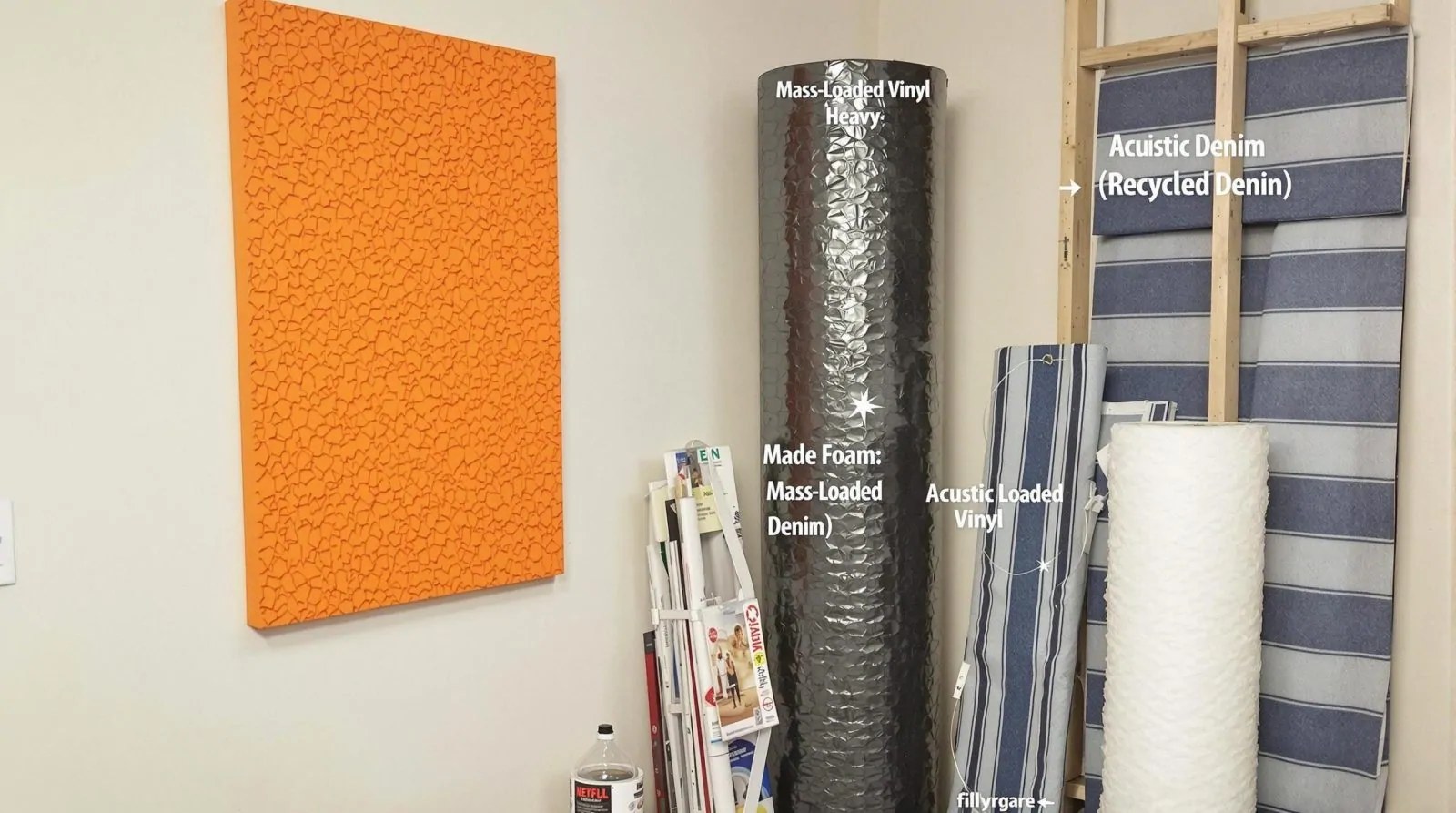 Panneau acoustique orange au mur, rouleau de vinyle lourd et rouleaux d'isolant en denim recyclé appuyés contre une cloison