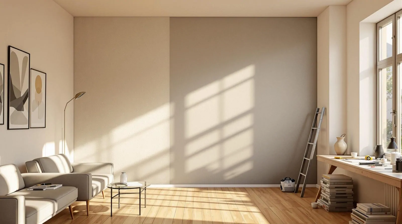 Salon ensoleillé au parquet clair dont un mur gris est en travaux, avec escabeau, outils et canapé en tissu beige