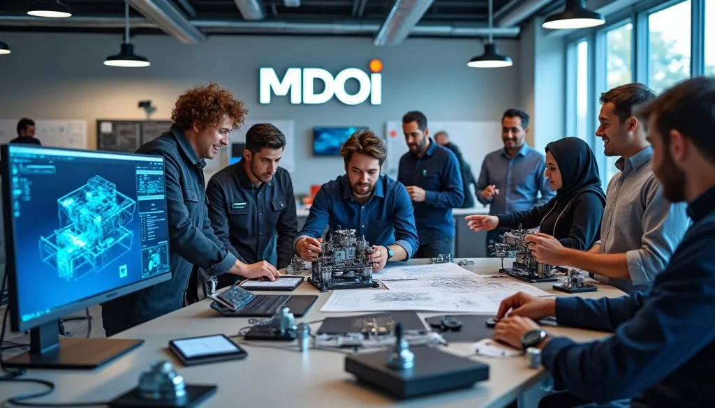 Ingénieurs penchés sur des prototypes mécaniques et des plans dans un atelier au logo MDOI, écran de modélisation 3D devant