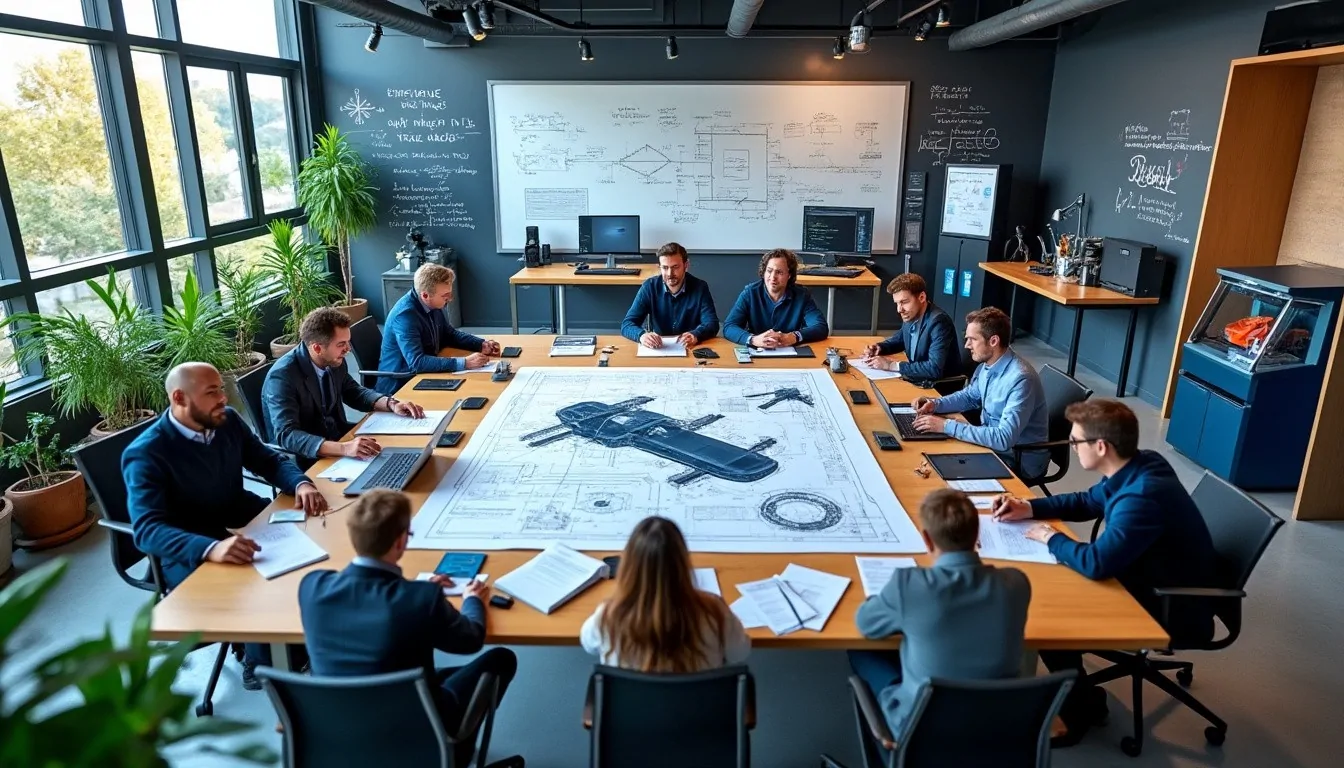 Équipe d'ingénieurs réunie autour d'une table couverte d'un grand plan technique, tableau de schémas au fond de la salle
