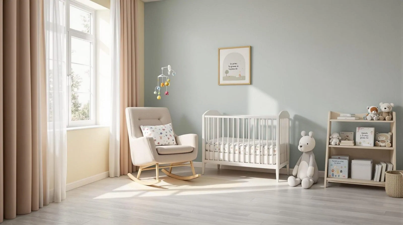 Chambre de bébé lumineuse avec lit à barreaux blanc, fauteuil à bascule, mobile et étagère de peluches sur un parquet clair
