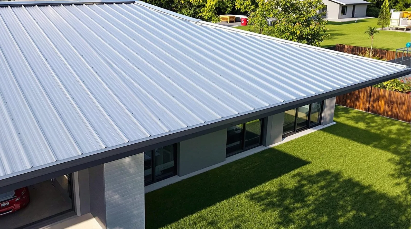 Maison de plain-pied coiffée d'une toiture en bac acier gris clair, entourée d'une pelouse et d'une clôture en bois
