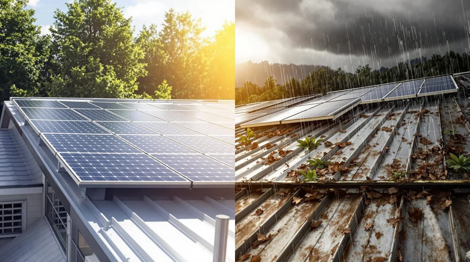 Toiture bac acier isolé : avantages et inconvénients Toiture en bac acier avec panneaux solaires, au soleil d'un côté et sous la pluie, jonchée de feuilles mortes, de l'autre