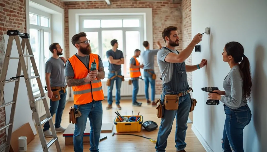 Équipe d'artisans avec ceintures à outils rénovant une pièce aux murs de brique, l'un fixant un interrupteur au mur