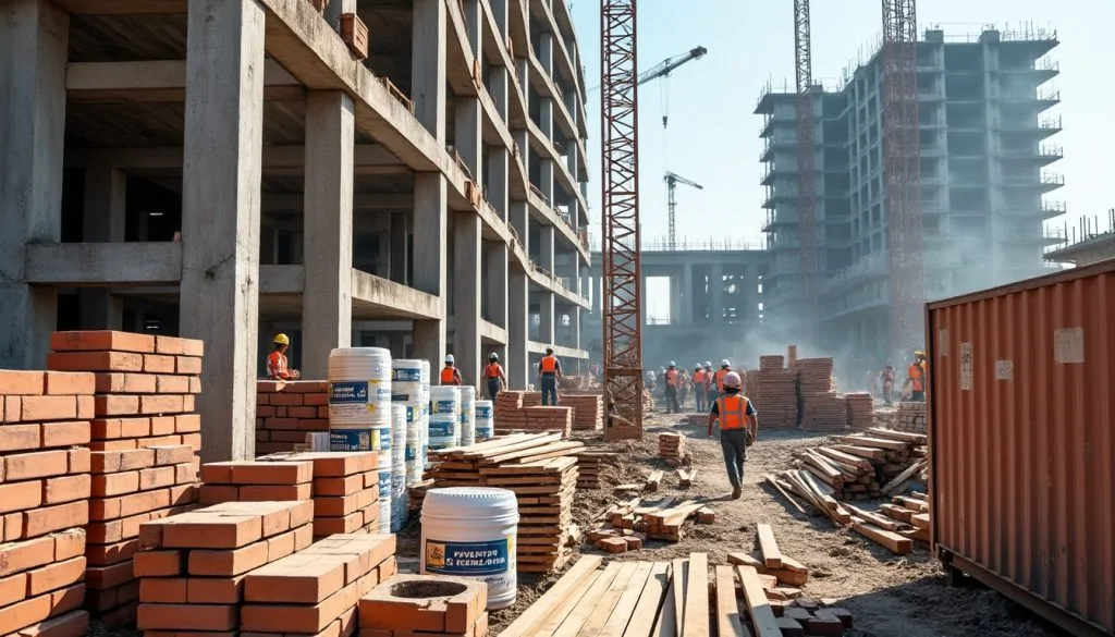 Chantier d'immeubles en béton avec palettes de briques rouges, seaux d'enduit, bois et grues, ouvriers en gilet orange