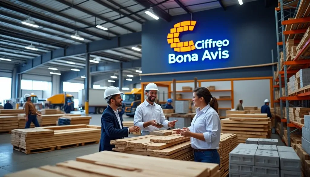Employé casqué échangeant avec deux clients entre des piles de bois, dans un dépôt de matériaux à l'enseigne Ciffreo Bona