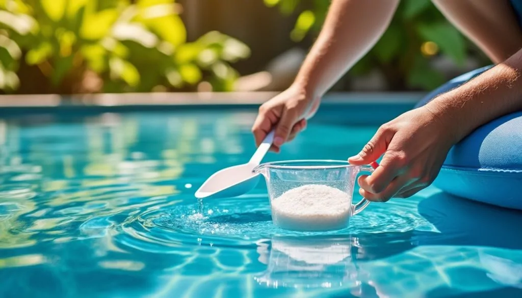 Mains tenant un verre doseur rempli de granulés de chlore et une cuillère au-dessus de l'eau turquoise d'une piscine