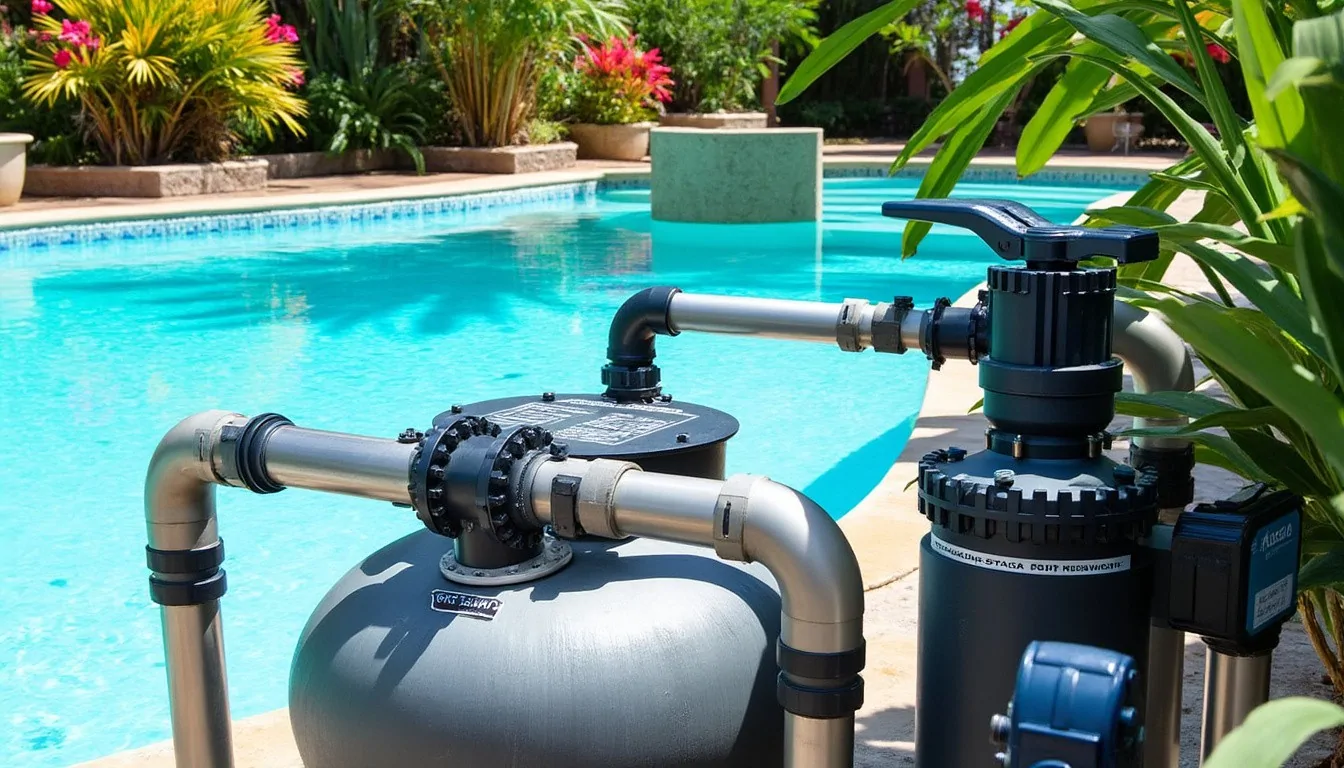 Filtre à sable gris et vanne multivoies raccordés par des tuyaux PVC au bord d'une piscine entourée de plantes tropicales