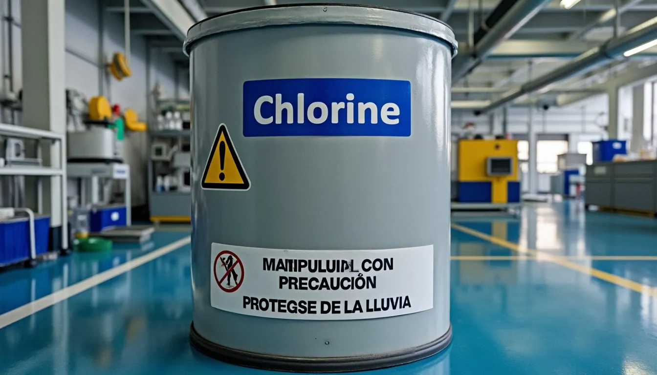 Fût gris étiqueté Chlorine avec pictogramme de danger et consignes de manipulation en espagnol, dans un local industriel