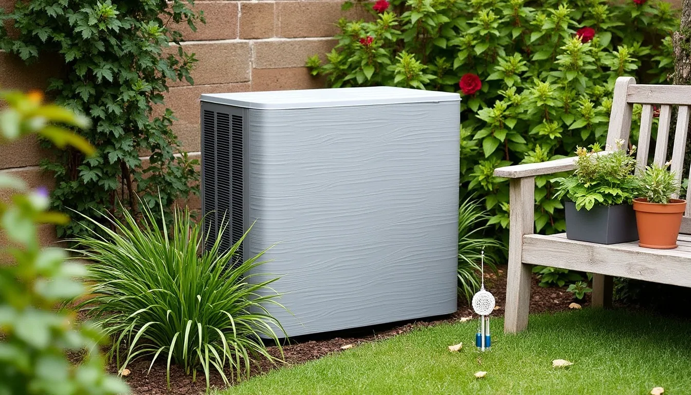 Unité extérieure de climatisation sous un cache gris, au pied d'un mur de jardin près d'un banc en bois et de plantes