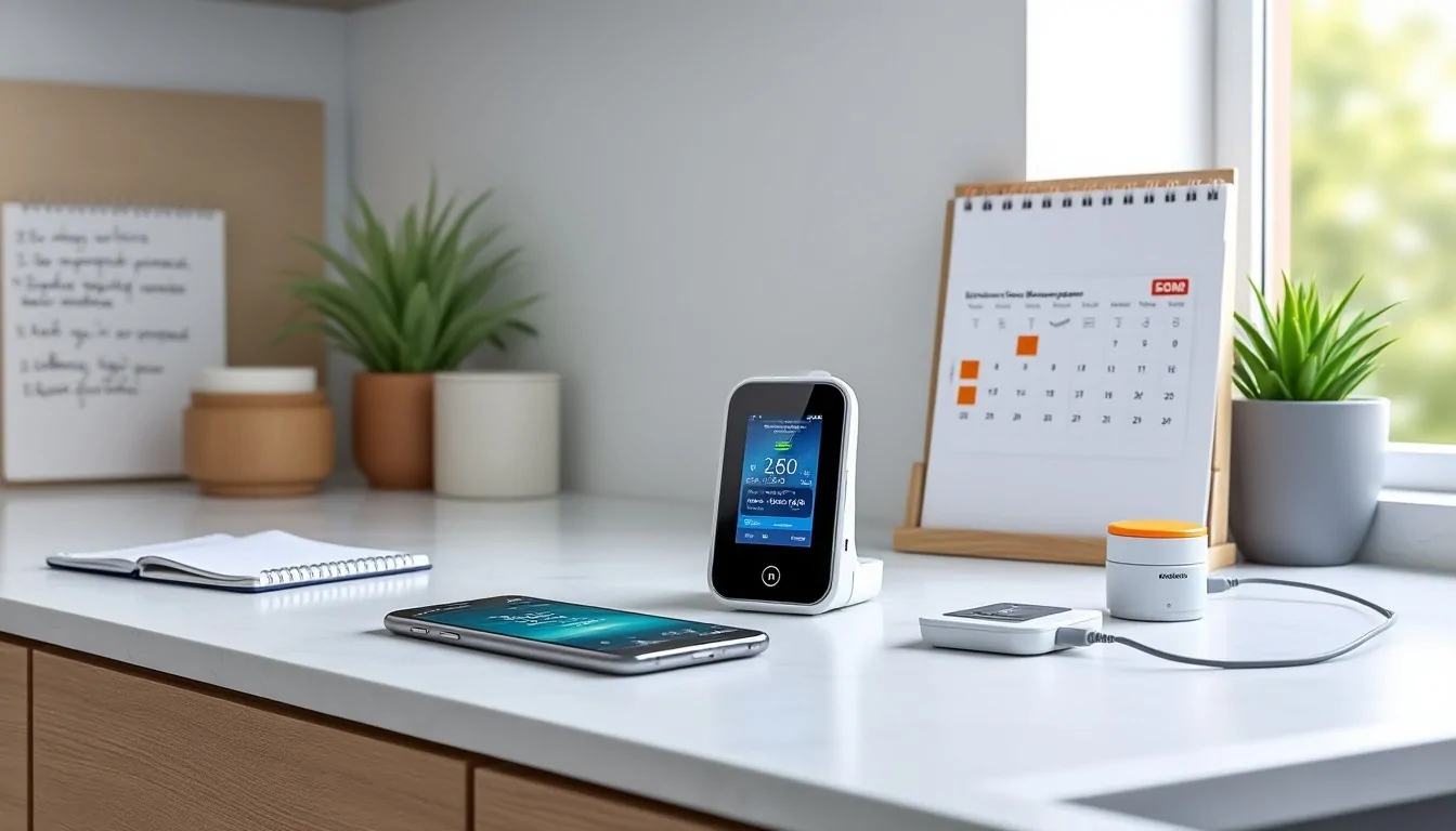 Lecteur connecté sur sa base, smartphone, carnet, calendrier et capteur posés sur un plan de travail blanc