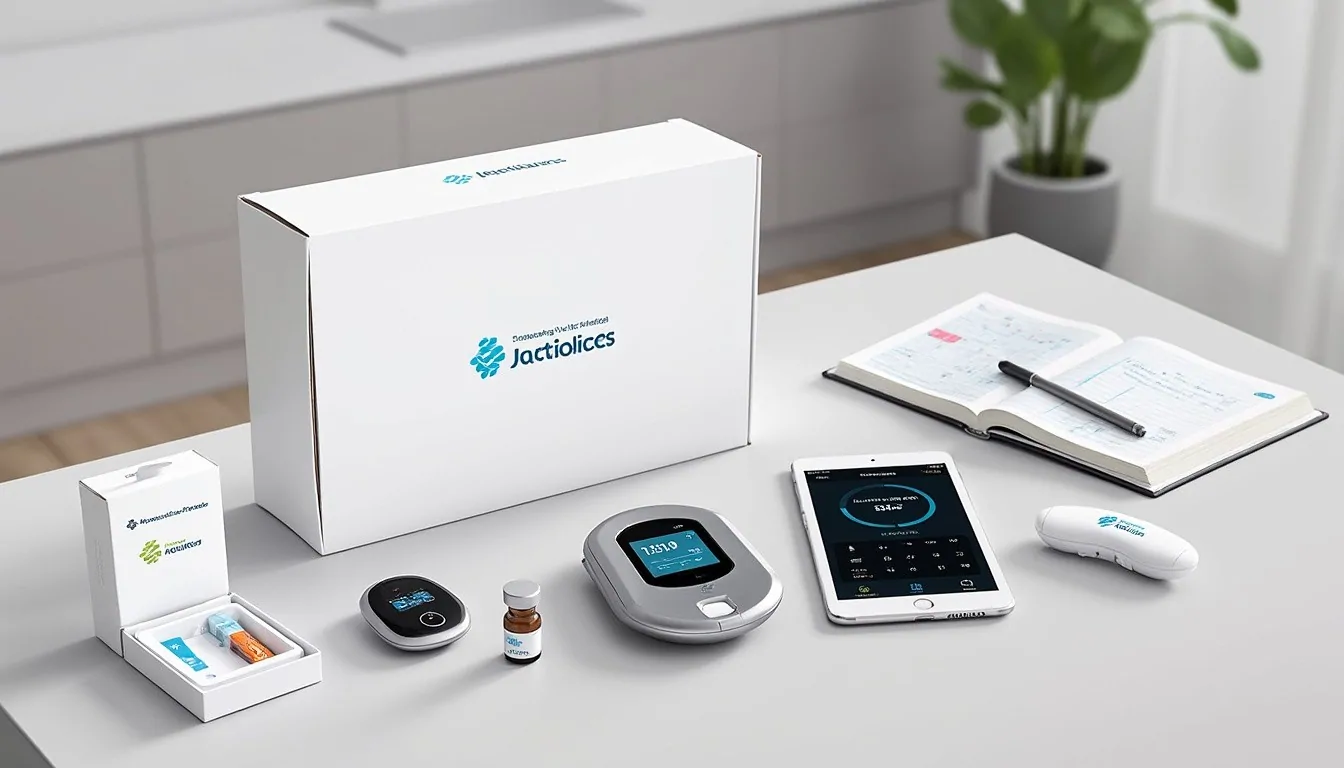 Coffret blanc d'un kit de suivi avec lecteurs électroniques, flacon, tablette affichant une jauge et carnet ouvert