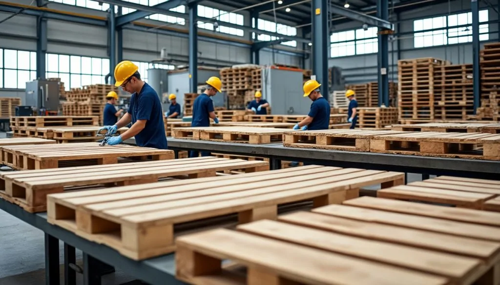Ouvriers en casques jaunes assemblant des palettes en bois neuves sur des établis dans un atelier industriel