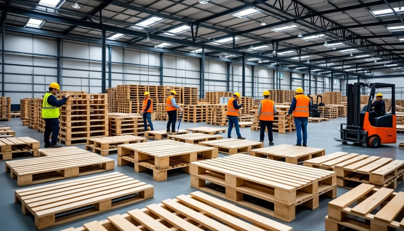 Entrepôt rempli de palettes en bois empilées, où circulent des employés en gilets orange et un chariot élévateur