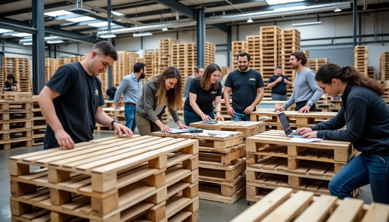 Équipe en tee-shirts noirs examinant des palettes en bois, des documents et un ordinateur portable dans un entrepôt