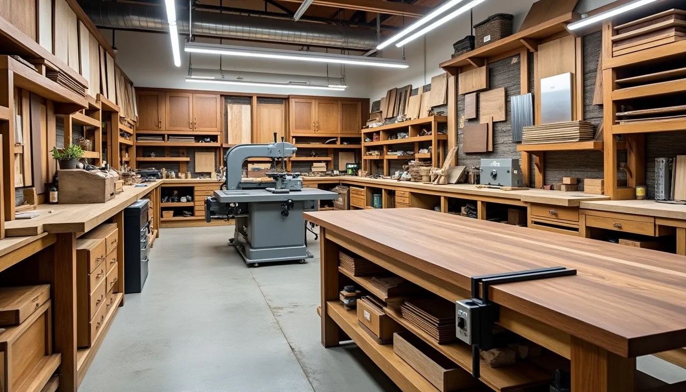 Atelier de menuiserie spacieux avec scie à ruban, établis en bois massif et rangements muraux remplis de planches
