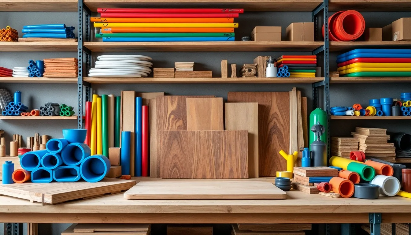 Établi chargé de panneaux de bois, tubes et profilés en plastique colorés, devant des étagères garnies de matériaux