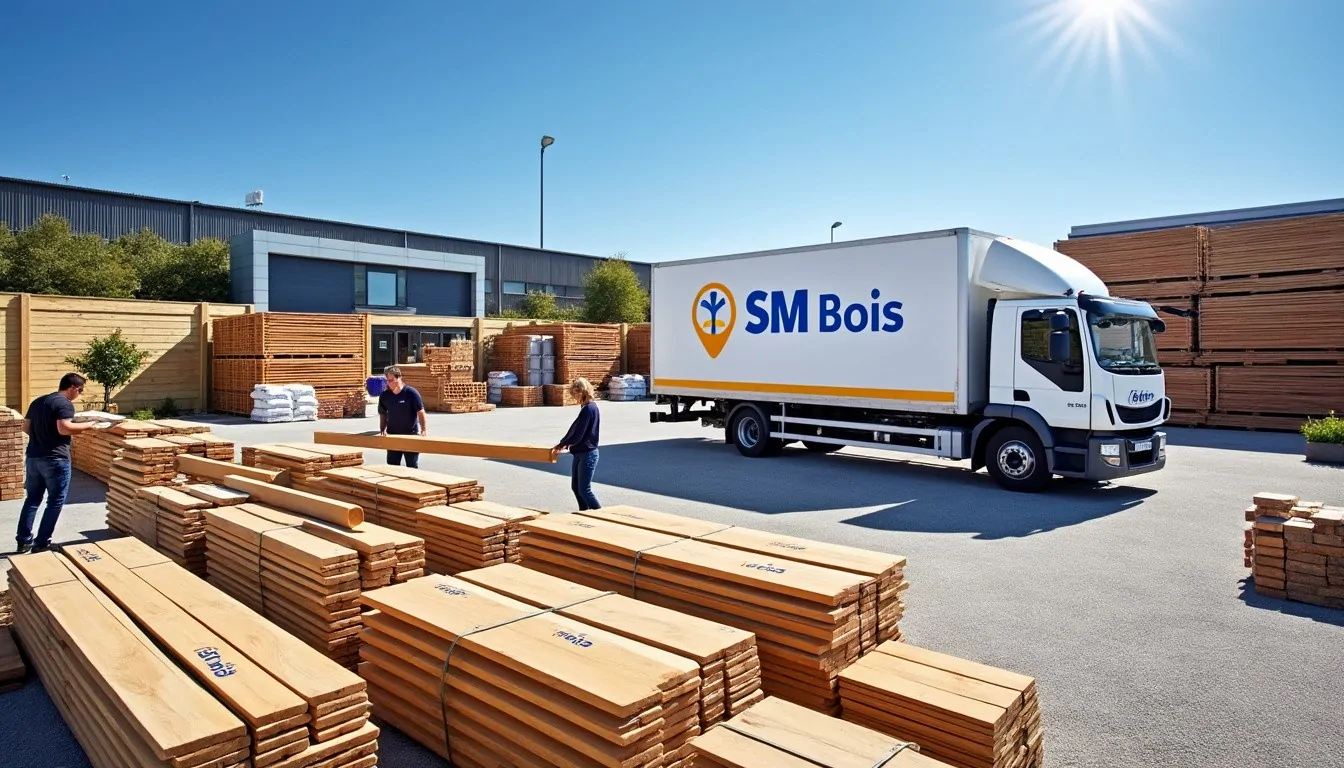 SM Bois Avis : Un bon distributeur de bois et matériaux de construction ? Camion de livraison SM Bois stationné dans une cour de négoce garnie de piles de planches, employés portant une planche