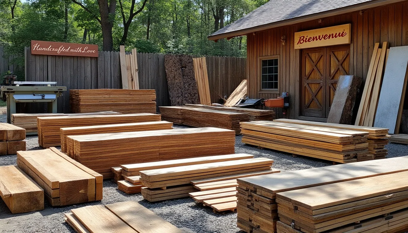 Cour de négoce avec piles de planches et madriers en bois brut, devant un bâtiment en bois à l'enseigne Bienvenue