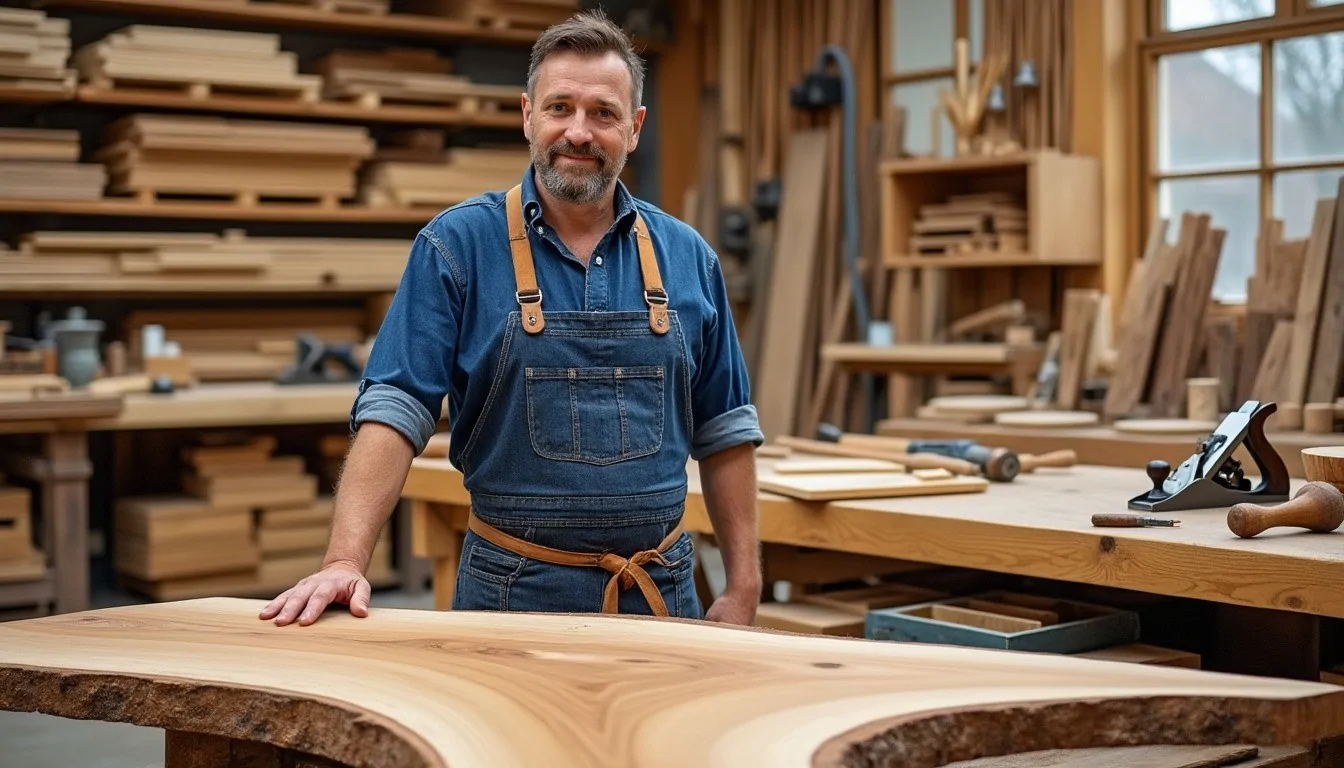 Menuisier en tablier de jean, la main posée sur un plateau en bois massif à bords naturels, dans un atelier garni de planches