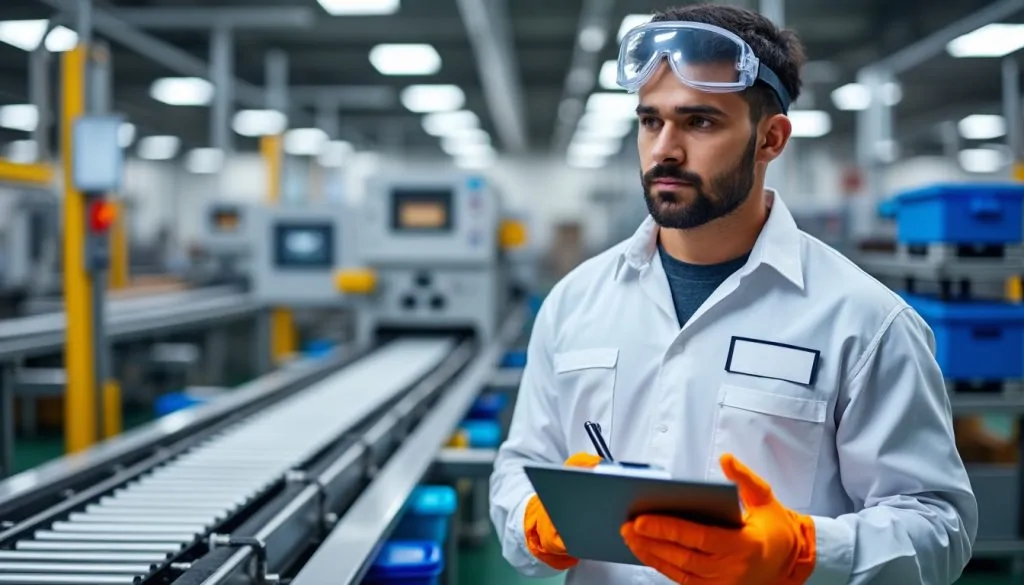 Technicien en blouse blanche, lunettes de protection et gants orange notant sur une tablette près d'une ligne de convoyage