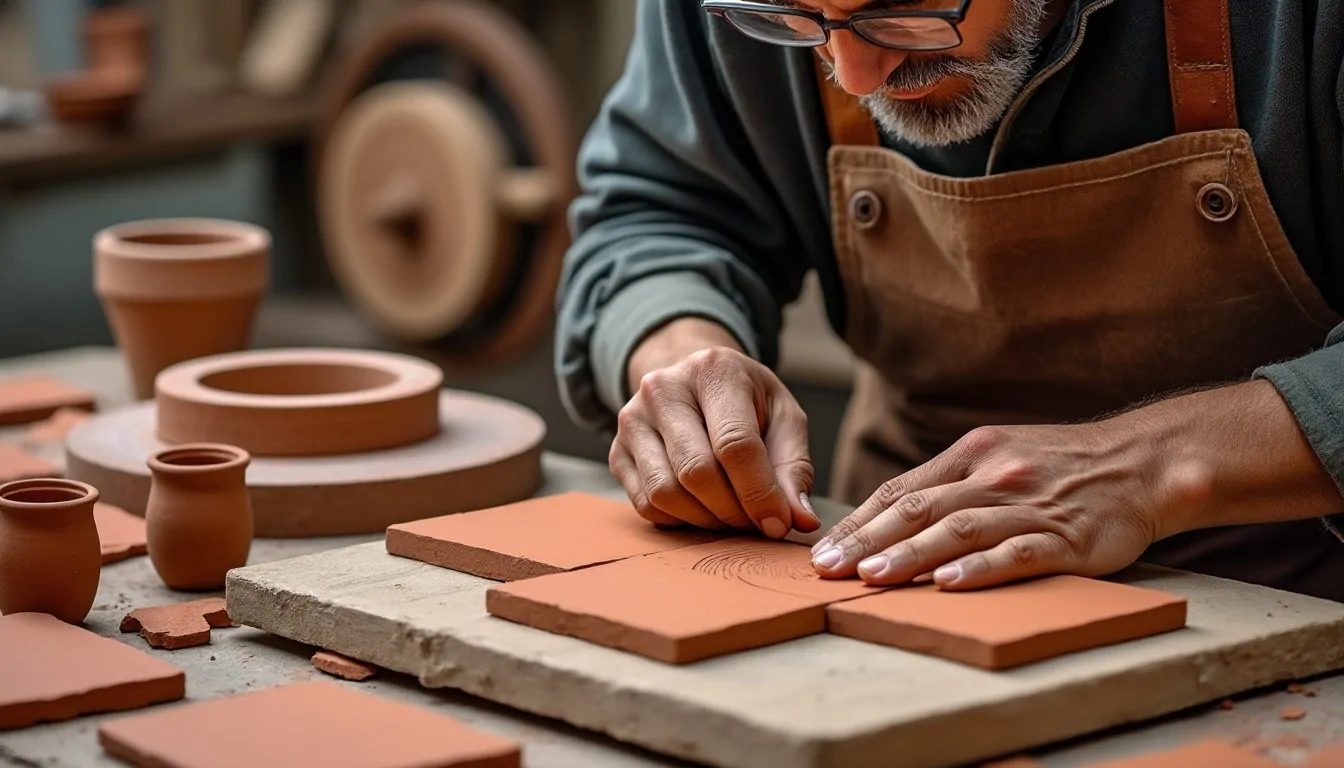 Artisan en tablier de cuir lissant des carreaux de terre cuite sur une dalle de pierre, entouré de poteries dans un atelier