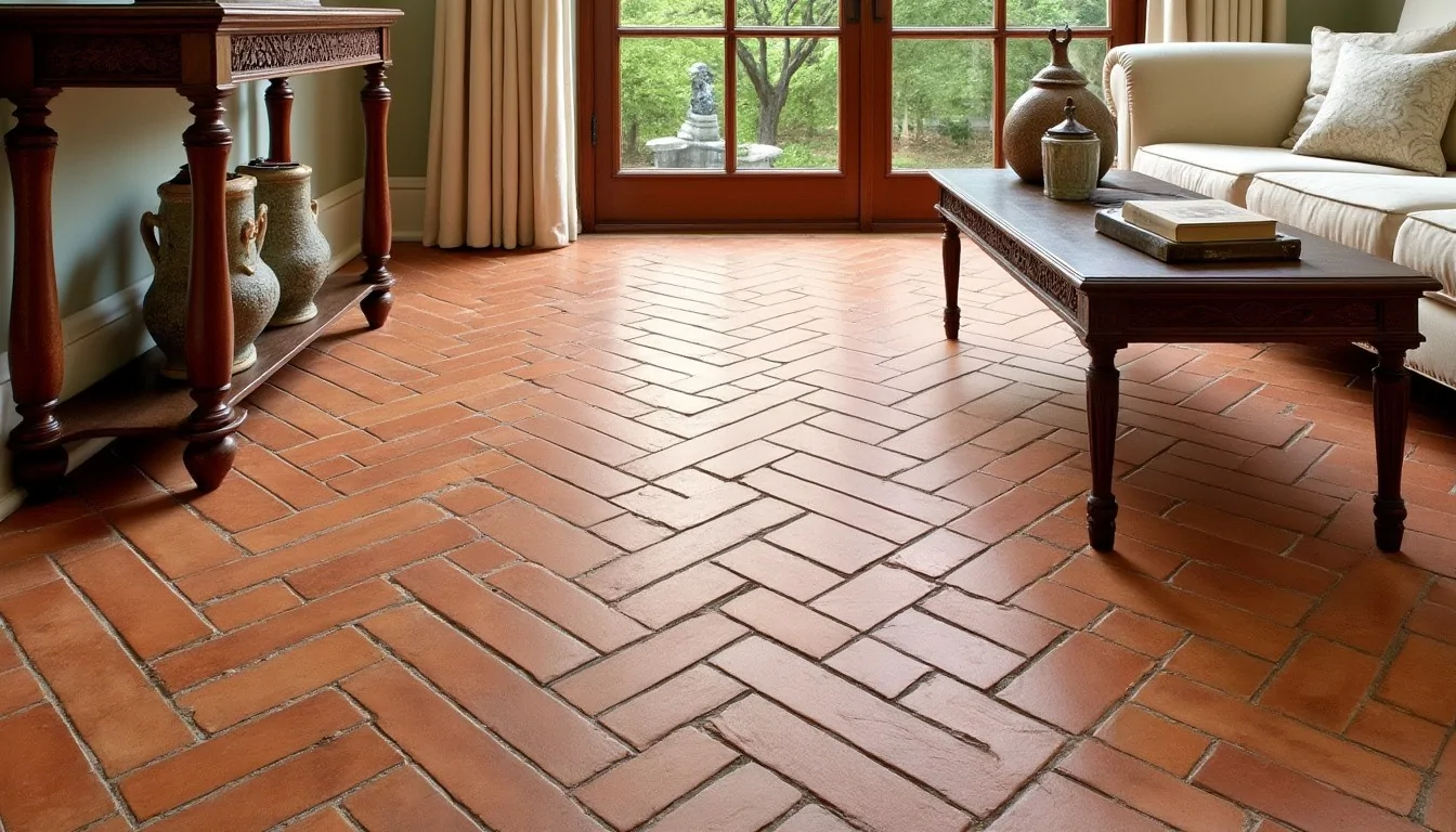 Salon au sol en briquettes de terre cuite posées en chevrons, avec console et table basse en bois sombre et canapé crème