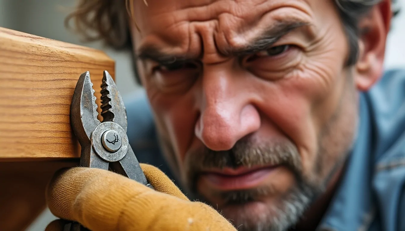 Bricoleur ganté au regard concentré serrant une pince à mâchoires crantées contre une pièce de bois