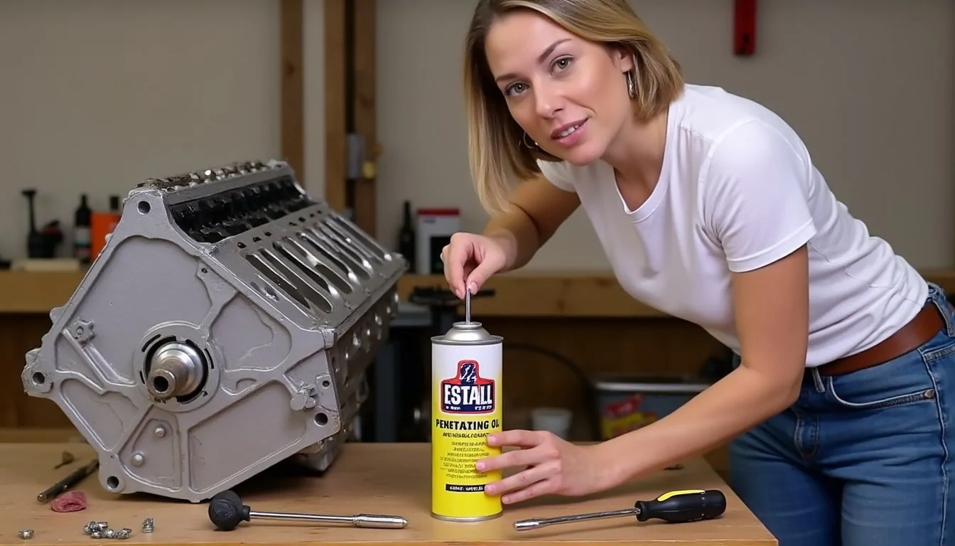 Femme appliquant de l'huile dégrippante en bombe jaune à côté d'un bloc moteur posé sur un établi d'atelier