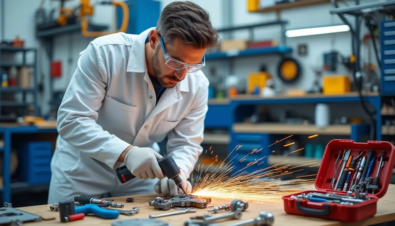 Technicien en blouse blanche et lunettes de protection usinant une pièce métallique dans une gerbe d'étincelles