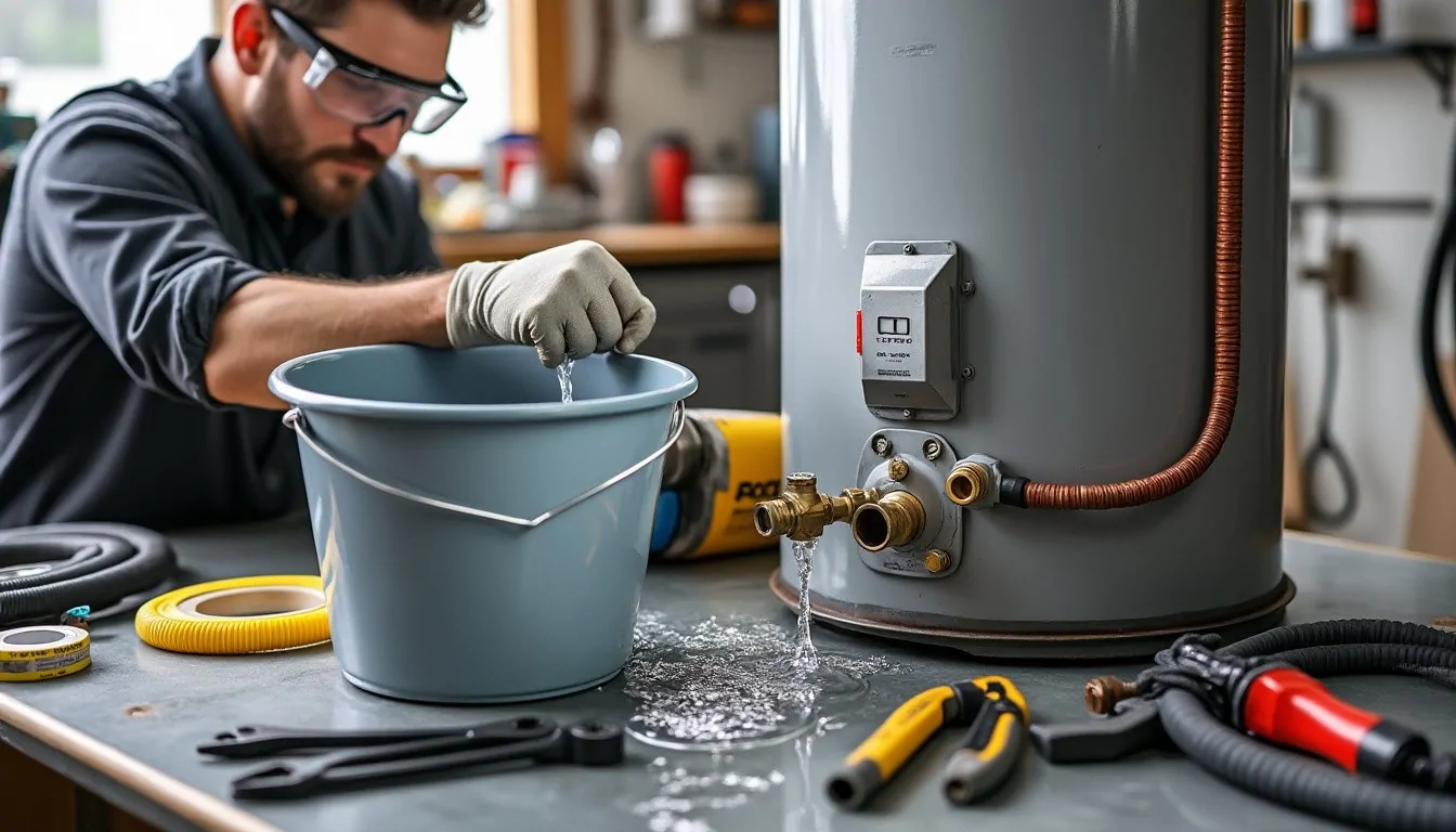 Bricoleur à lunettes de protection près d'un seau, à côté d'un ballon d'eau chaude dont le robinet laisse couler l'eau