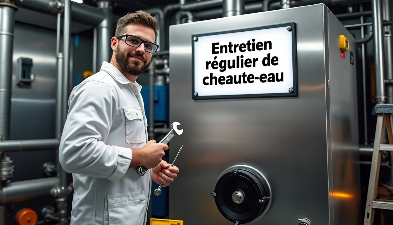 Technicien en blouse blanche tenant une clé plate devant une grande cuve de chauffe-eau en inox, dans une chaufferie