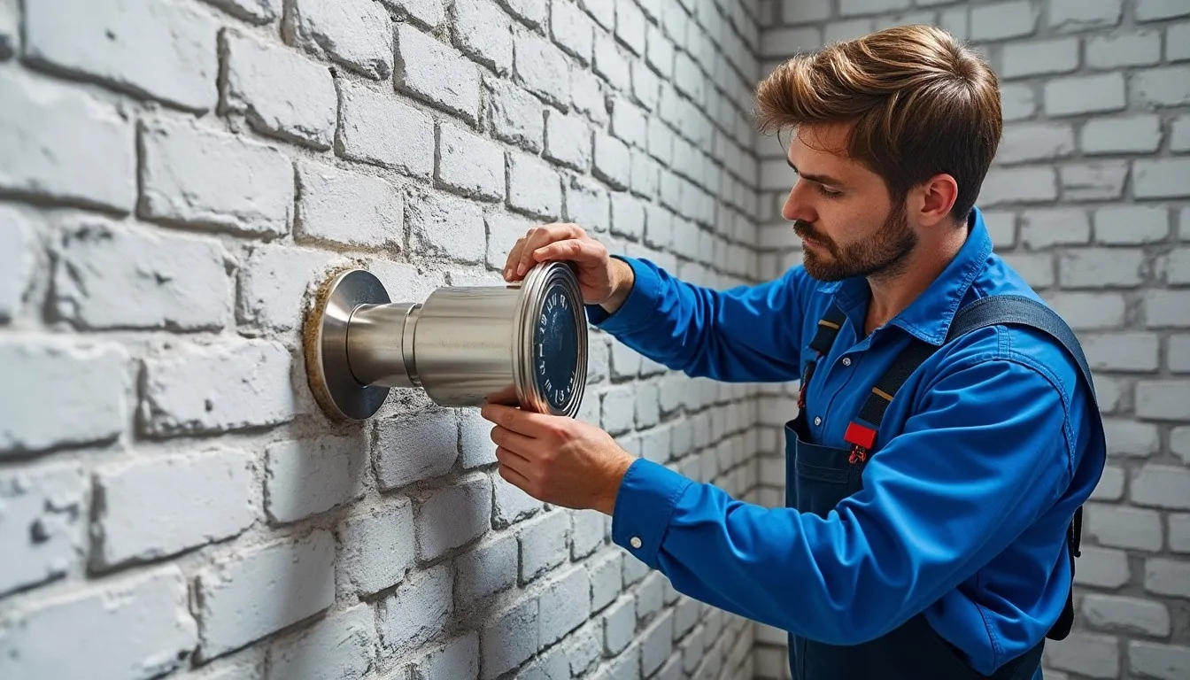 Plombier en bleu de travail fixant un raccord cylindrique en inox à cadran sur un mur en briques peintes en blanc