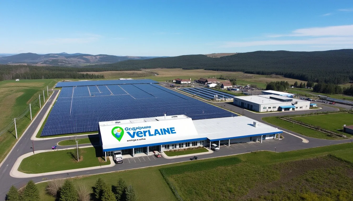 Vue aérienne d'une centrale solaire au sol jouxtant un bâtiment à l'enseigne Verlaine, en pleine campagne