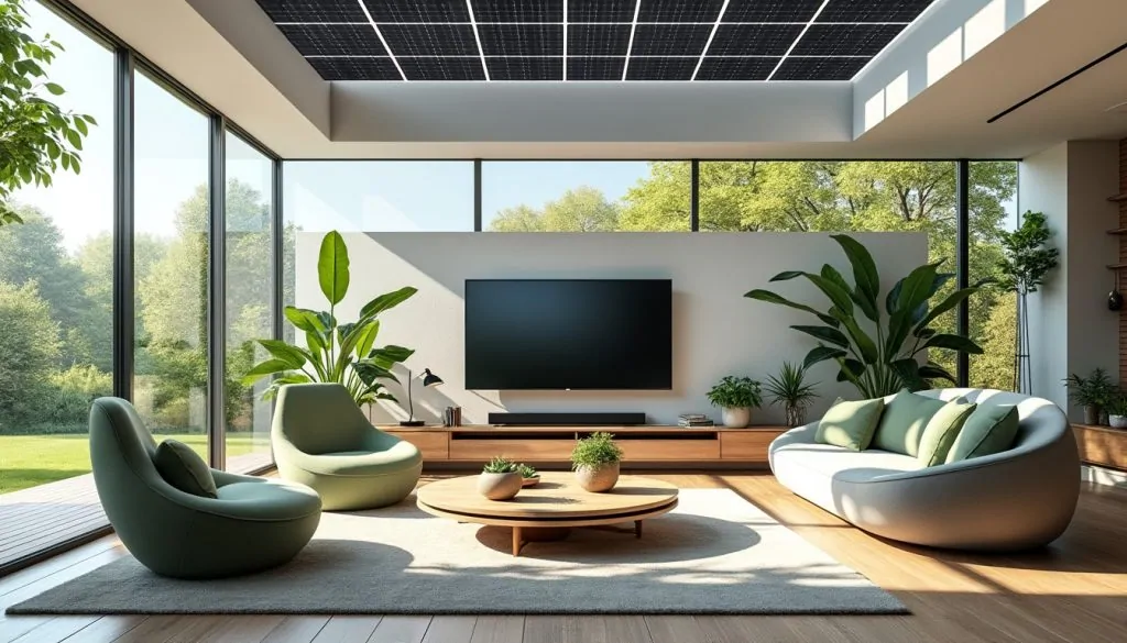 Salon lumineux sous une verrière photovoltaïque, avec fauteuils verts, canapé blanc, plantes et grandes baies vitrées