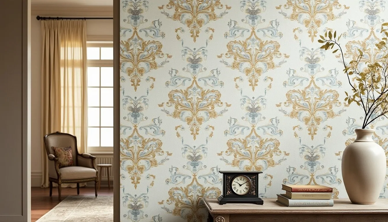 Papier peint à motifs damassés dorés et bleutés sur fond crème, derrière une console avec horloge, livres et vase