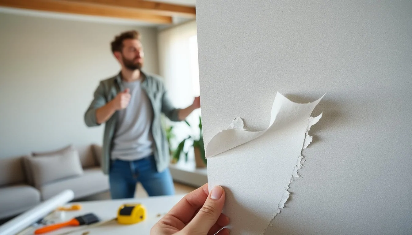 Main décollant un lé de papier peint blanc déchiré, devant un homme perplexe dans un salon en travaux