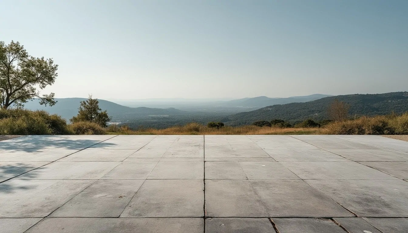 Grande dalle en béton découpée par des joints, en terrasse face à un paysage de collines boisées