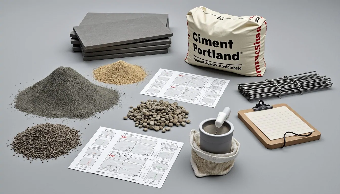 Sac de ciment Portland, sable, gravillons, plaques, fers à béton et plans de chantier disposés sur fond gris