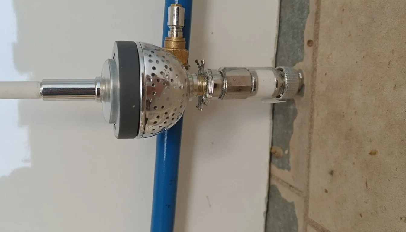 Pomme de douche chromée perforée raccordée par des pièces en laiton à une conduite d'eau bleue contre un mur