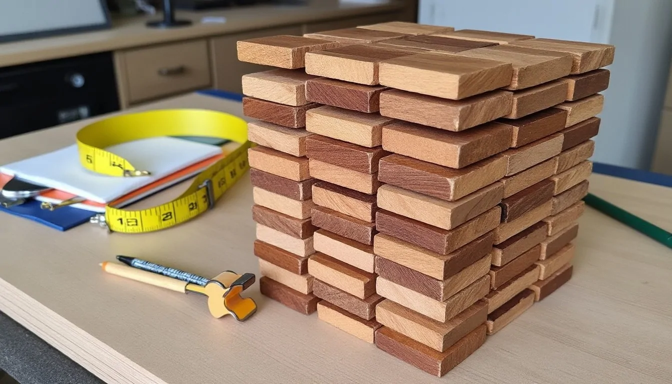 Empilement de planchettes de bois en quinconce sur un bureau, à côté d'un mètre ruban jaune, d'un crayon et de cahiers