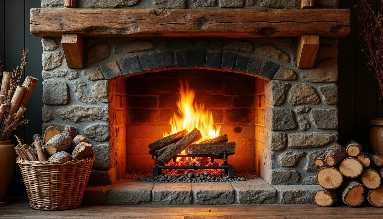 Feu de bûches dans une cheminée en pierre à linteau de bois brut, entre un panier de petit bois et une pile de rondins