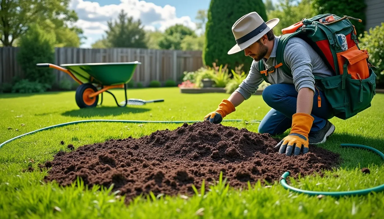 Jardinier ganté en chapeau étalant un tas de terreau sur une pelouse, près d'une brouette verte et d'un tuyau