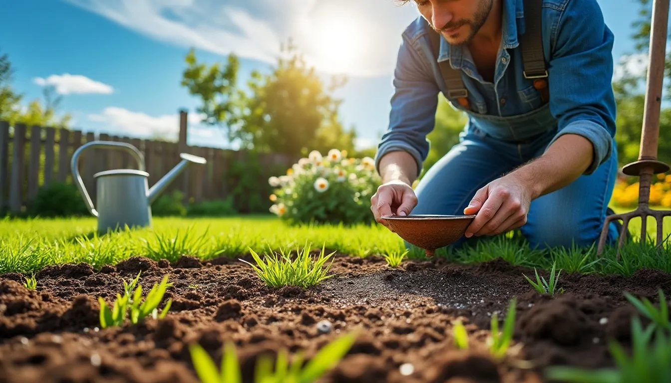 Jardinier agenouillé tenant une coupelle au-dessus d'une terre préparée où pointent de jeunes pousses de gazon