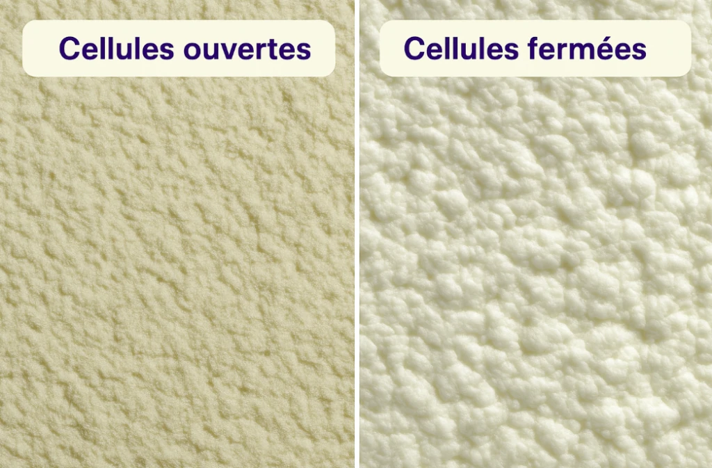 Comparaison de deux textures de mousse polyuréthane : cellules ouvertes jaunâtres et fines, cellules fermées plus blanches